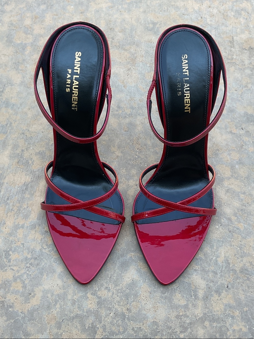 Saint Laurent Burgundy Patent Leather Strappy Pointed-Toe Heels